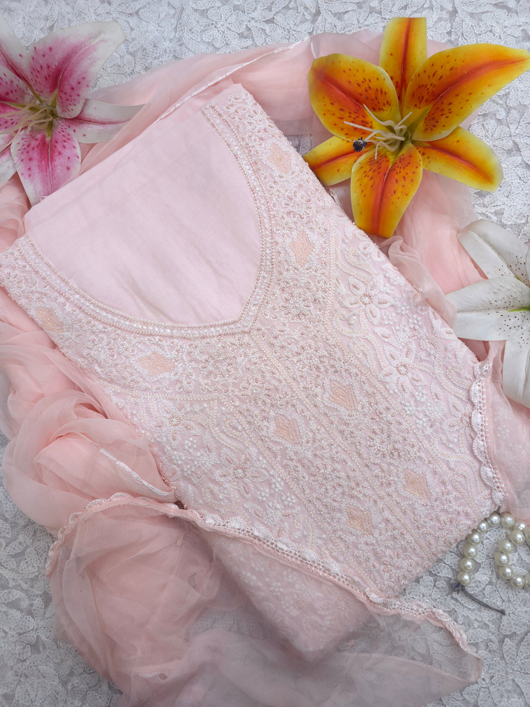Paridhan Chikan Cotton Chikankari Unstitched Dress Material – 3 Pc Suit Set with Hand Embroidery & Pearl Work in Every Motif