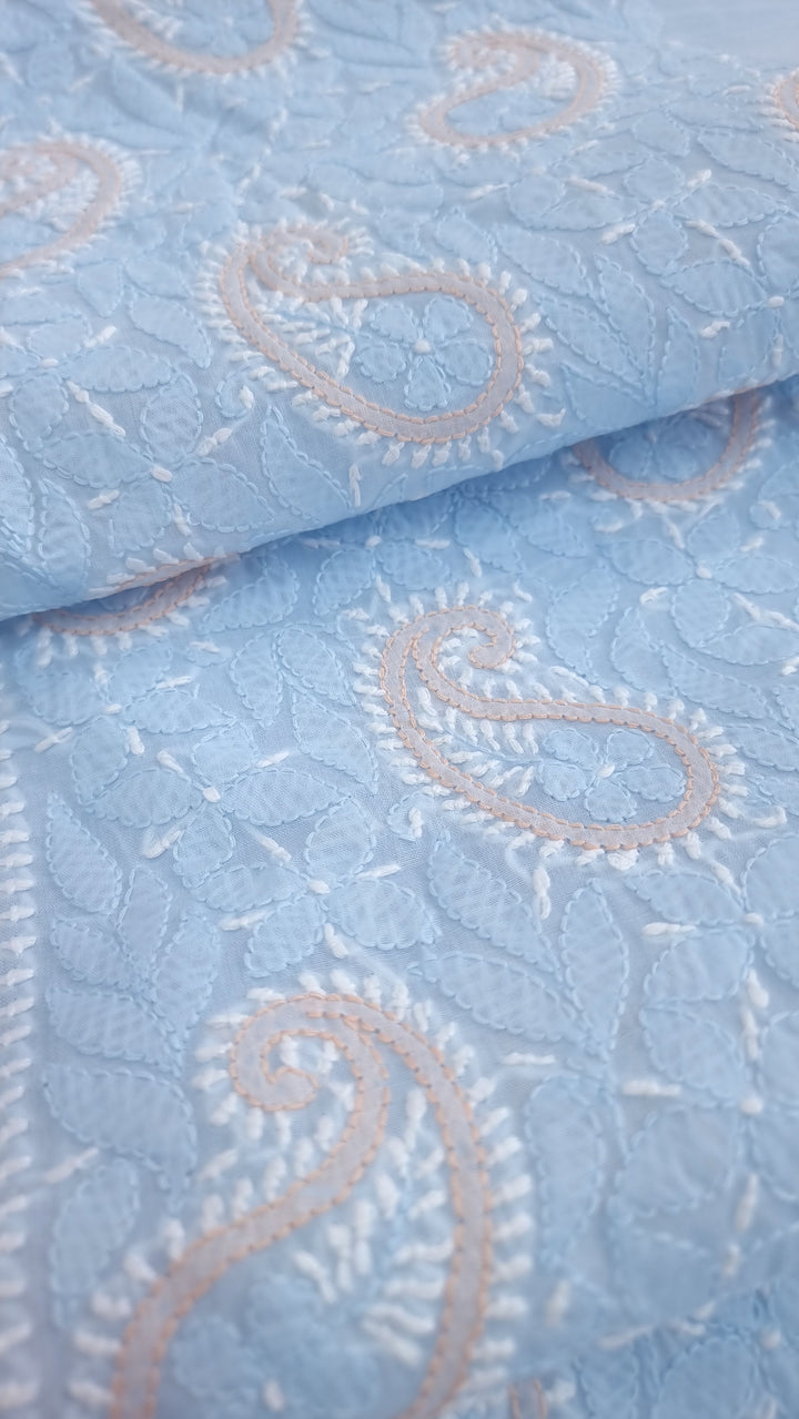 Lucknow Chikankari Hand Embroidered Cotton Dress Material with Tri-Color Motifs & Pure Chiffon Dupatta