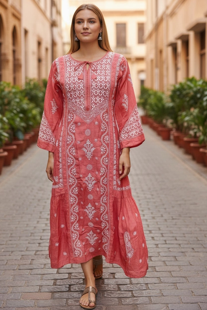 Pure Muslin luxurious long dress with *2 taar chikankari work* Length 50 " approx