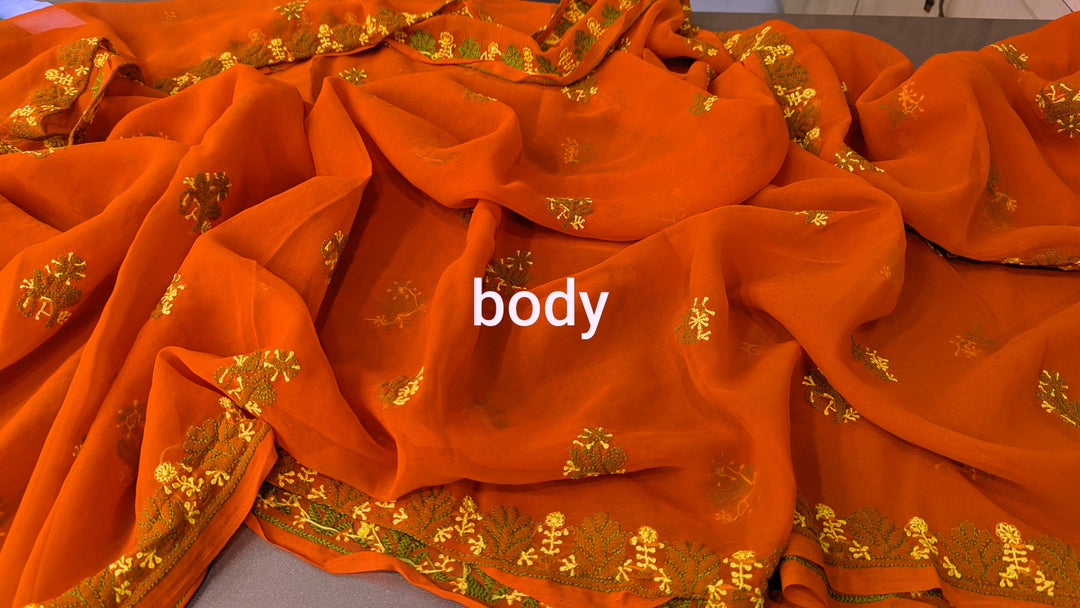 Faux Georgette Hand Chikankari Saree with Exclusive Border & designer Palla Design | Embroidered Blouse Included | Authentic Lucknow Handicraft by Paridhan Chikan