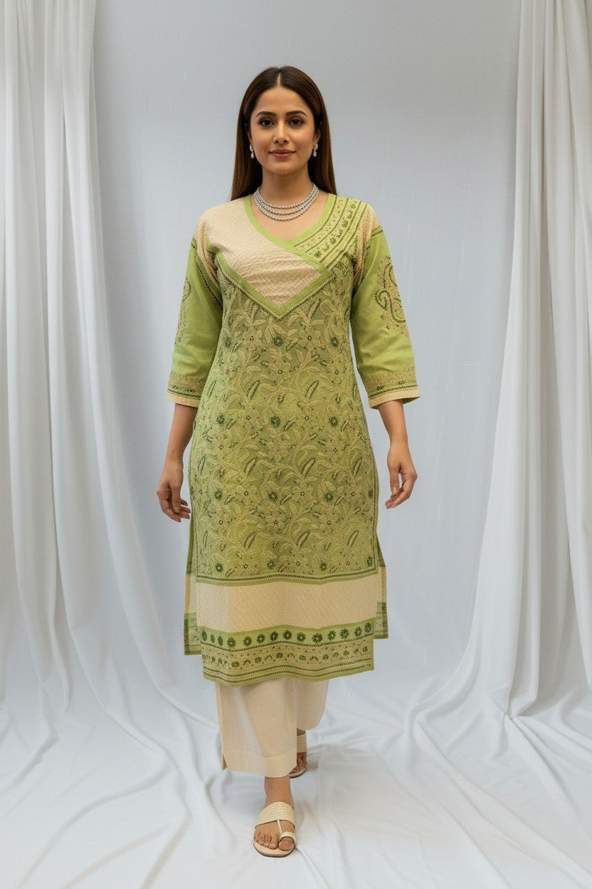 Jia Cotton Chikankari Hand Embroidered Kurti for Women | Premium  | 48 Inch approx Length | Lucknowi Chikan Kurta