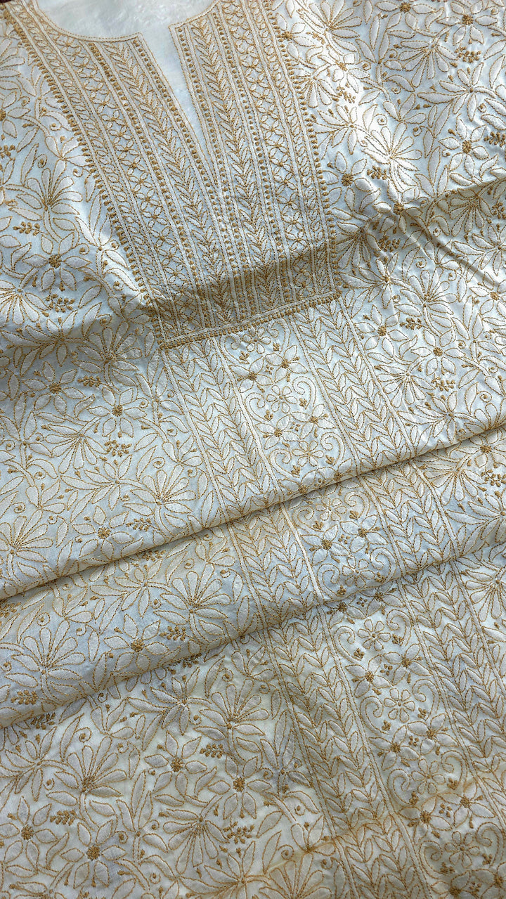 Pure Paper Silk Chikankari Fabric | Full Jaal Hand Embroidery Kurta Fabric for Women