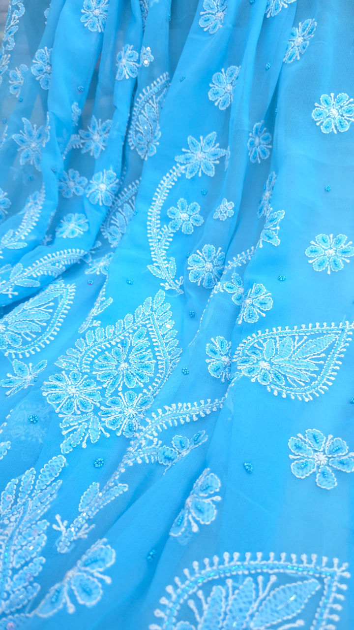 Pearl Chikankari Saree on Faux Georgette with Matching Blouse | Hand Embroidered Lucknowi Saree | Paridhan Chikan Heritage Collection