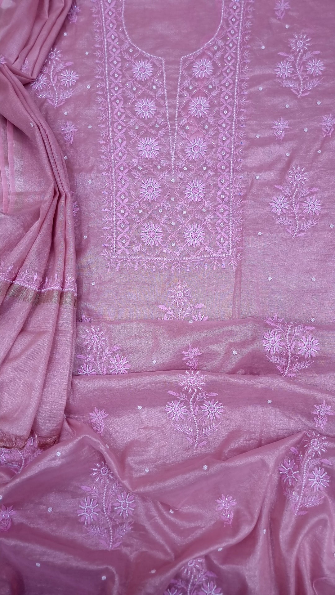 Soft Tissue Chikankari Unstitched Dress Material | 3 Taar Hand Embroidery with Pearl & Cutdana Work + Golden Border Dupatta