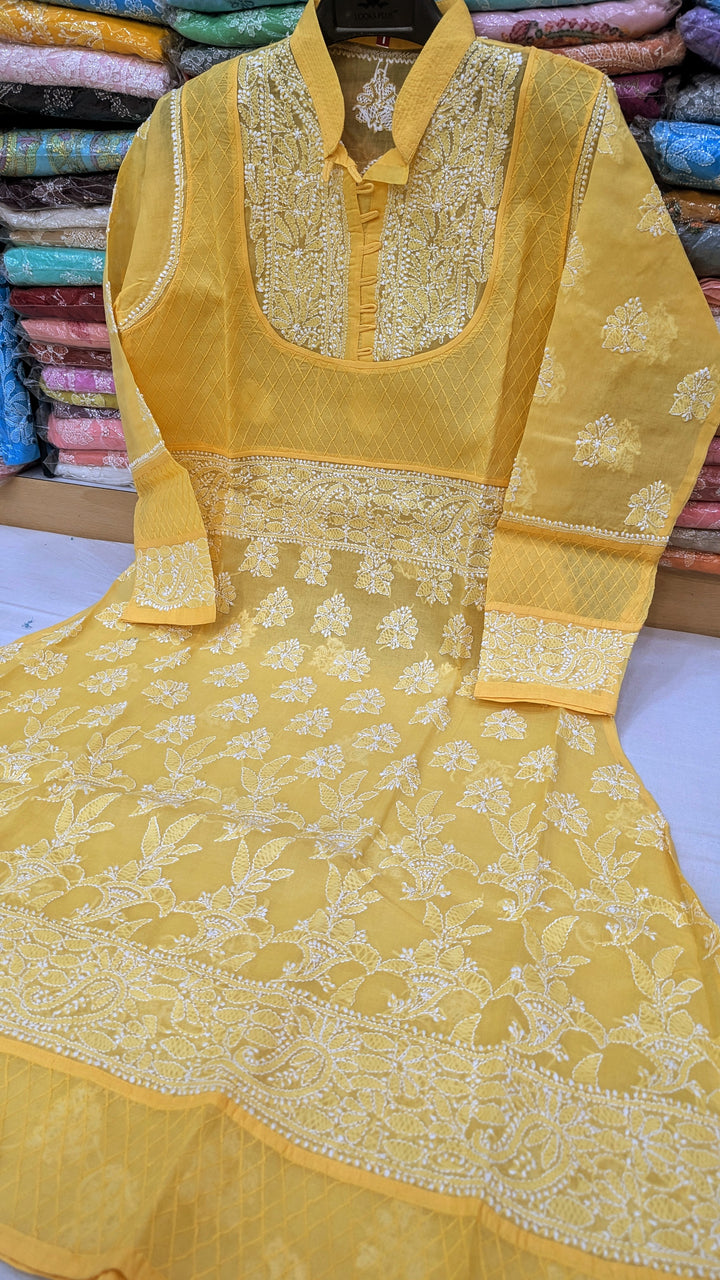 Cotton Lucknowi Chikankari 46" Long A-line Kurti | 100% Hand Embroidered| No Shrinkage