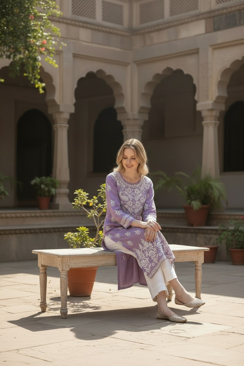 Modal Chikankari Hand Embroidered Kurti for Women | Premium Soft & Non-Transparent Fabric | 46 Inch Length | Lucknowi Chikan Kurta