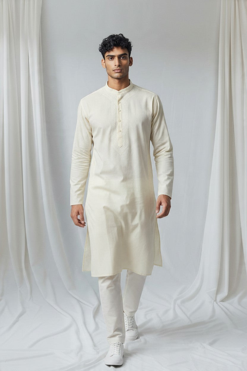 Polo Cotton hand embroidered Men's chikankari kurta-cream