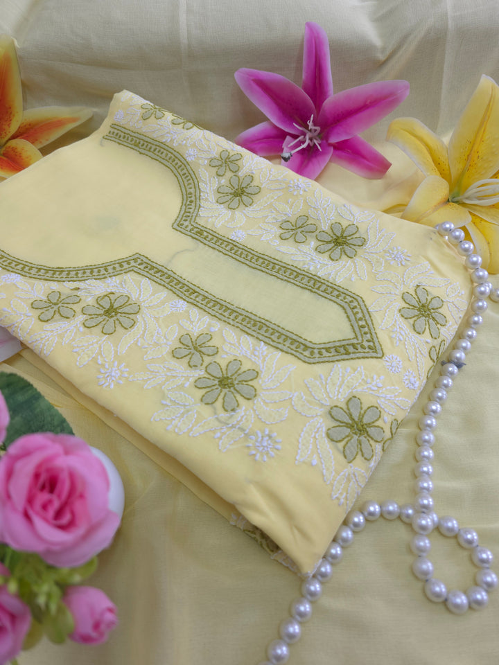 Paridhan Chikan Premium Cool Cotton Chikankari Dress Material Set with Hand Embroidered Kurta, Bottom & Chiffon Dupatta with Handmade Crochet Border