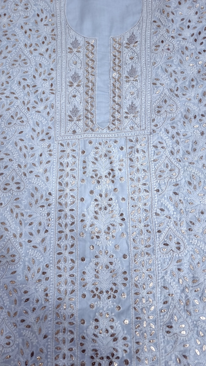 Powder Blue Unstitched Soft Cotton Chikankari Suit Set – Aari, Kasab & Gotta Patti Embellished with Pure Chiffon Dupatta