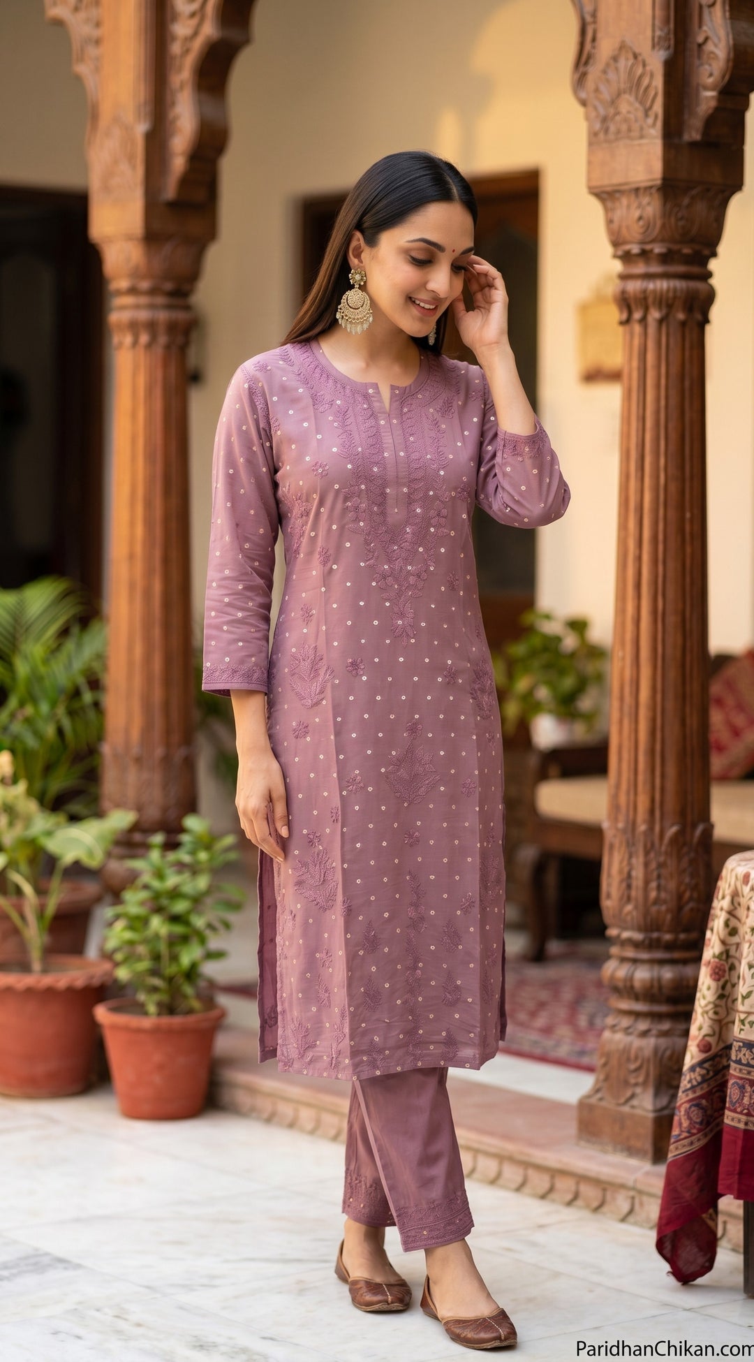 Kiara Chikankari Chanderi Golden Zari Buti Kurti for Women | Soft Non-Transparent | Paridhan Chikan