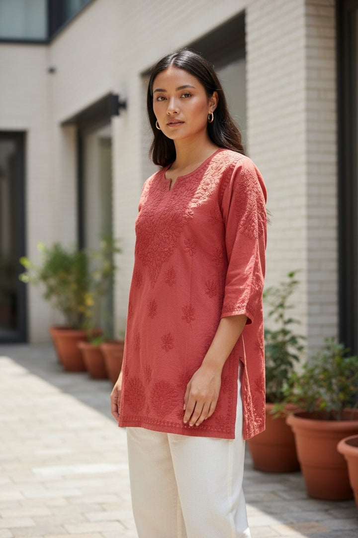 Non transparent Soft Chanderi Chikankari Top 32" length