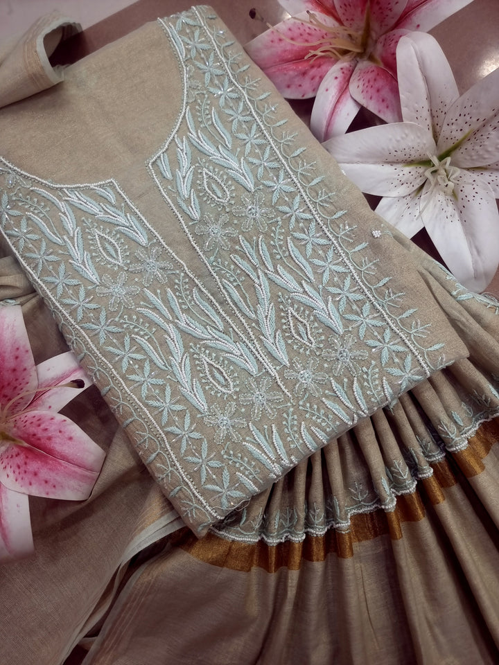Soft Tissue Chikankari Unstitched Dress Material | 3 Taar Hand Embroidery with Pearl & Cutdana Work + Golden Border Dupatta