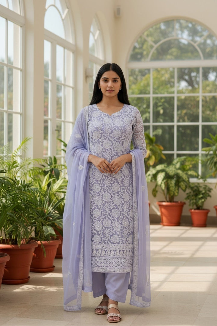 Unstitched Georgette Chikankari Dress Material | Hand Embroidered Kurta, Bottom & Dupatta