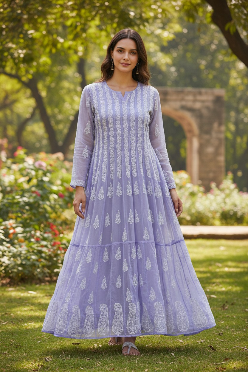 Georgette Lucknowi Chikankari 50" Long Anarkali Kurti | 100% Hand Embroidered| No Shrinkage