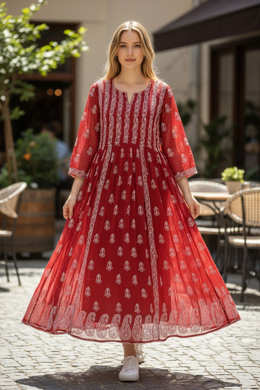 Georgette Lucknowi Chikankari 50" Long Anarkali Kurti | 100% Hand Embroidered| No Shrinkage