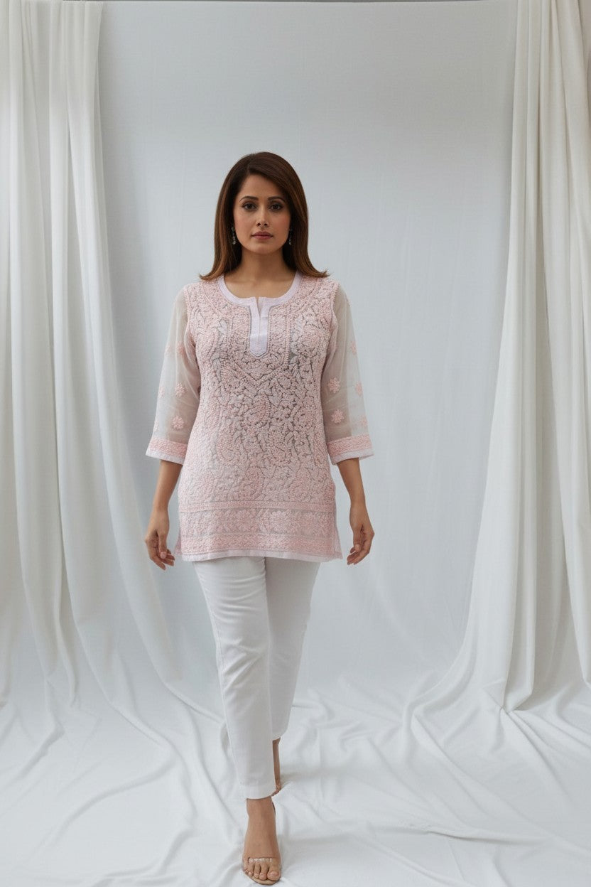 Siya Premium Faux Georgette Chikankari short  Top |28" approx long/Lucknow Hand Embroidery  | Paridhan Chikan