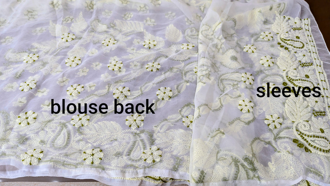 Faux Georgette Hand Chikankari Saree with Exclusive Border & designer Palla Design | Embroidered Blouse Included | Authentic Lucknow Handicraft by Paridhan Chikan