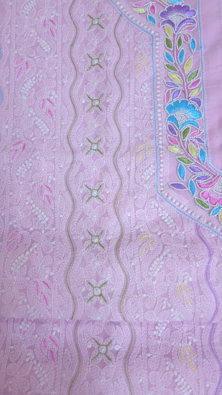 Cotton Resham Neckline chikankari dress material- Pink