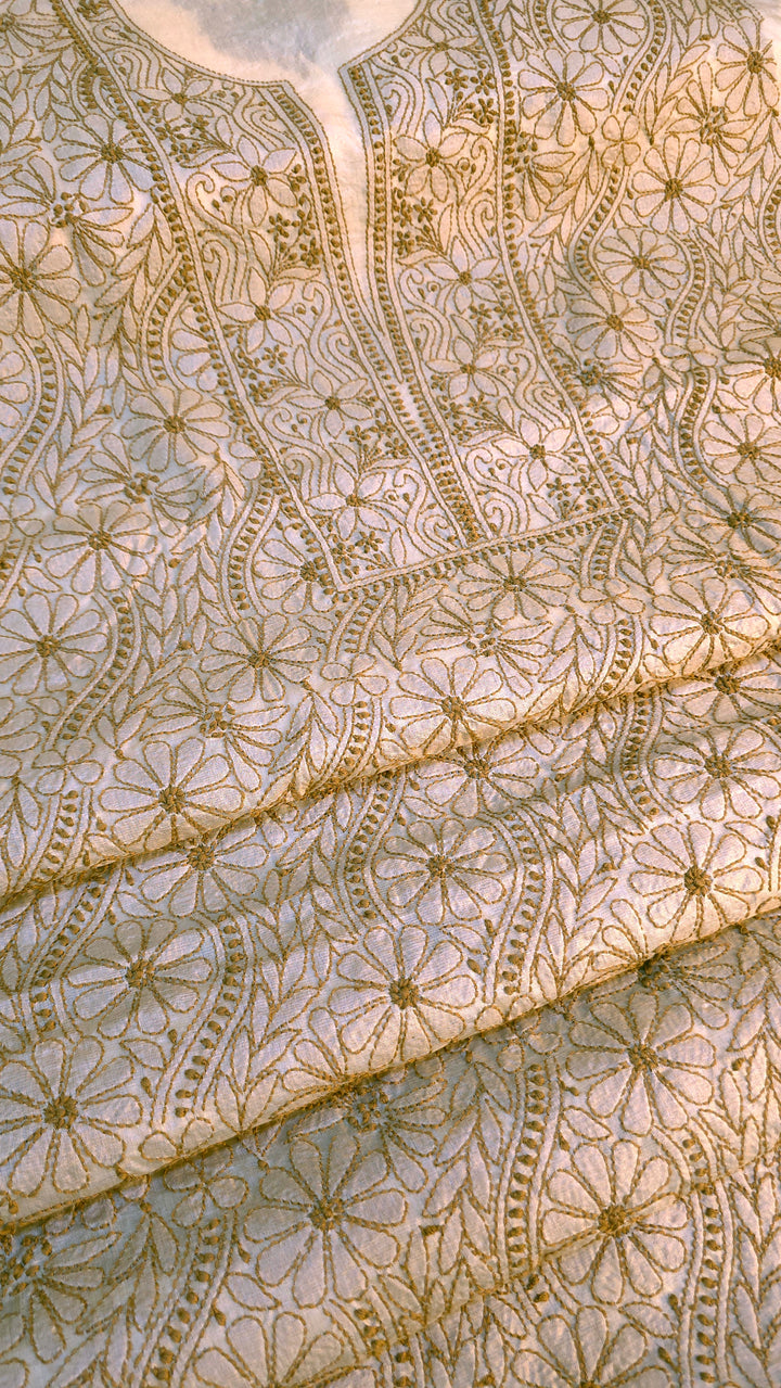Pure Paper Silk Chikankari Fabric | Full Jaal Hand Embroidery Kurta Fabric for Women