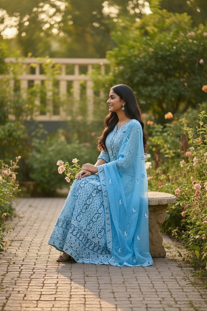 Unstitched Georgette Chikankari Dress Material | Hand Embroidered Kurta, Bottom & Dupatta