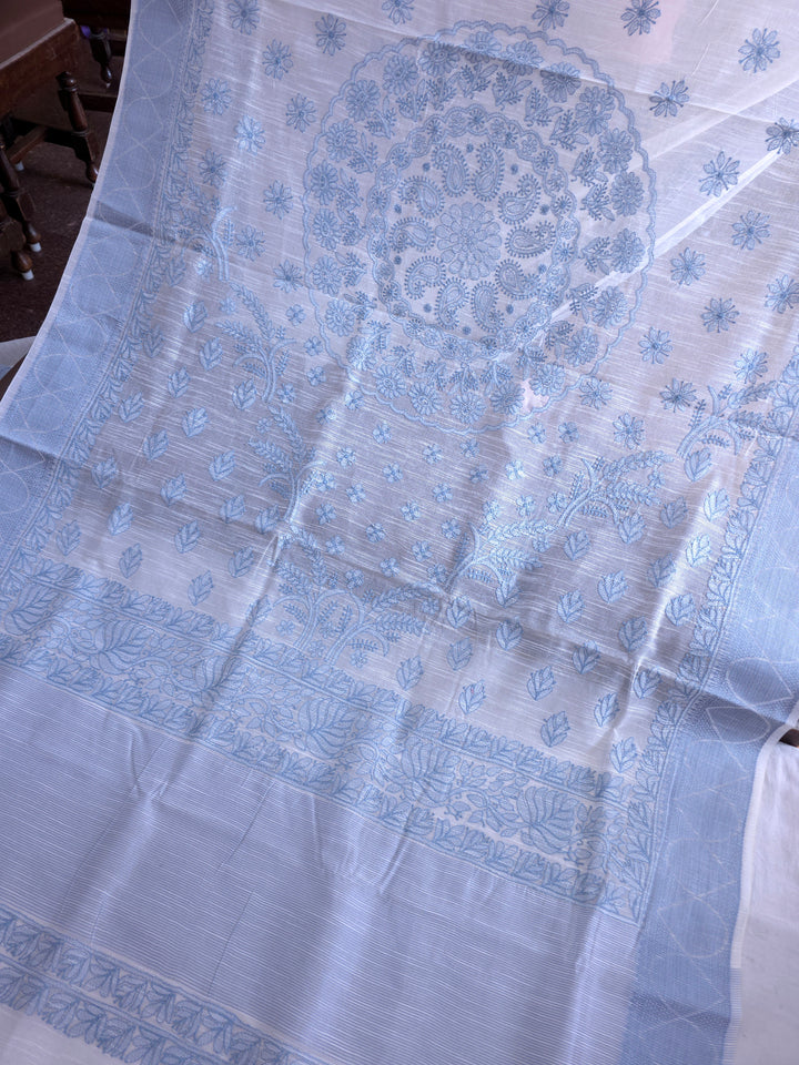Hand Embroidered Chikankari Banarasi Silk Saree with Intricate Border & Palla Pattern – Includes  Blouse | Paridhan Chikan