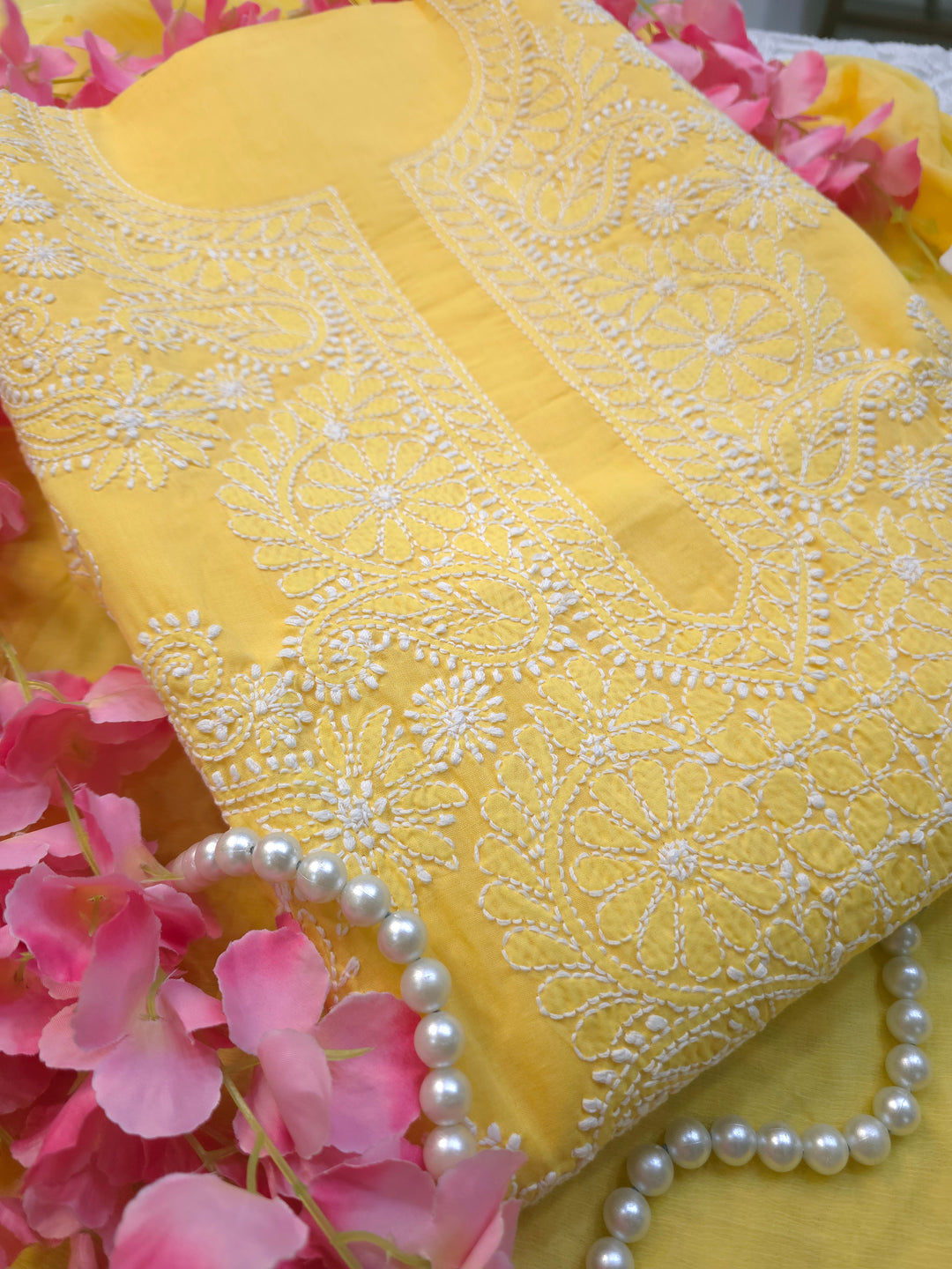 Paridhan Chikan Premium Handcrafted Chikankari Cotton Suit Set | Unstitched Dress Material with Chiffon Dupatta | Made in Lucknow