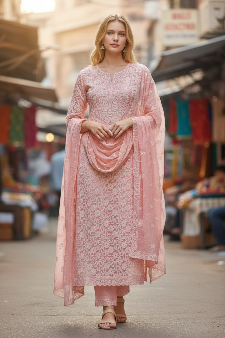Unstitched Georgette Chikankari Dress Material | Hand Embroidered Kurta, Bottom & Dupatta