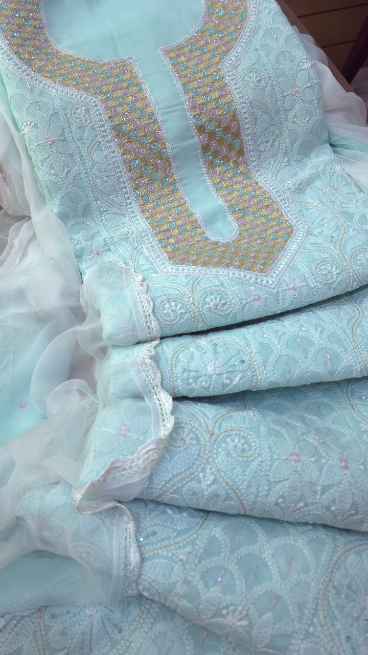 Afreen Premium Hand Embroidered Chikankari Cotton Unstitched Dress Material with Pure Chiffon Dupatta