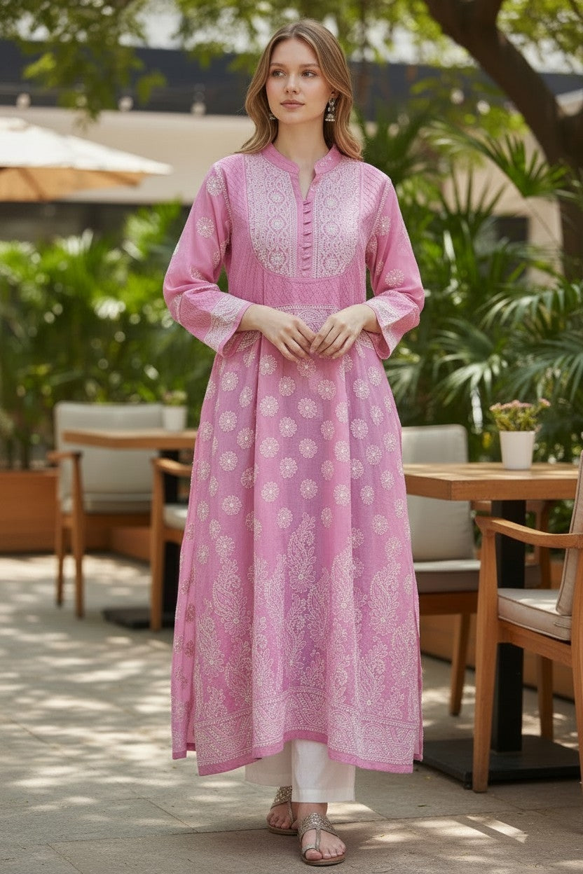 Cotton Lucknowi Chikankari 46" Long A-line Kurti | 100% Hand Embroidered| No Shrinkage