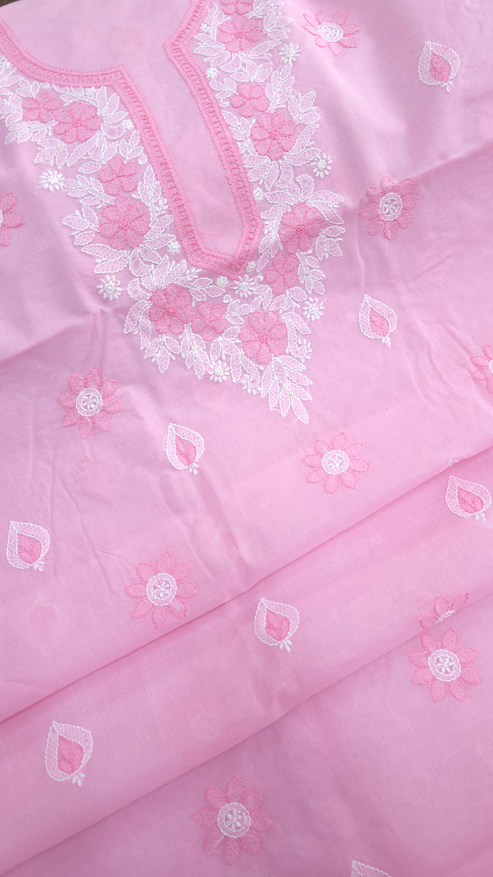 Paridhan Chikan Premium Cool Cotton Chikankari Dress Material Set with Hand Embroidered Kurta, Bottom & Chiffon Dupatta with Handmade Crochet Border
