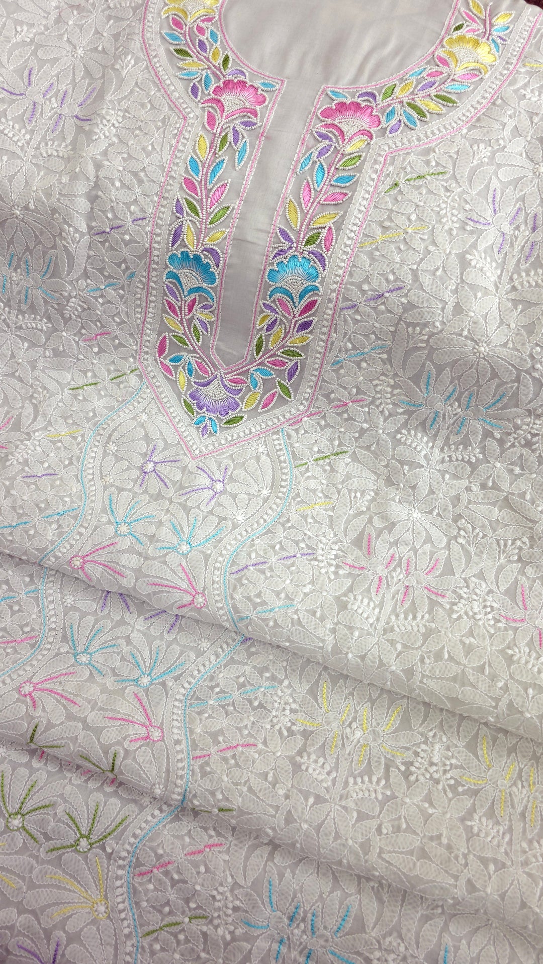 Cotton Resham Neckline chikankari dress material- Grey