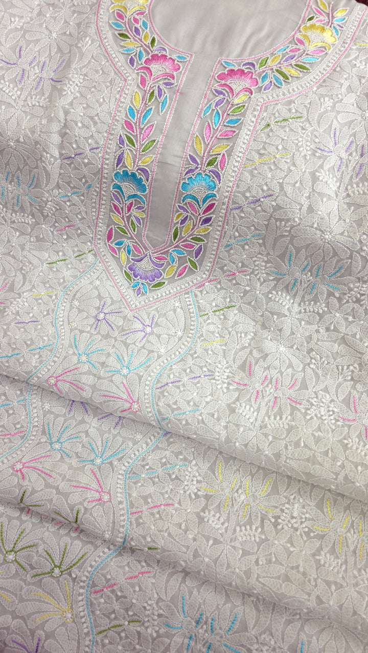 Cotton Resham Neckline chikankari dress material- Grey
