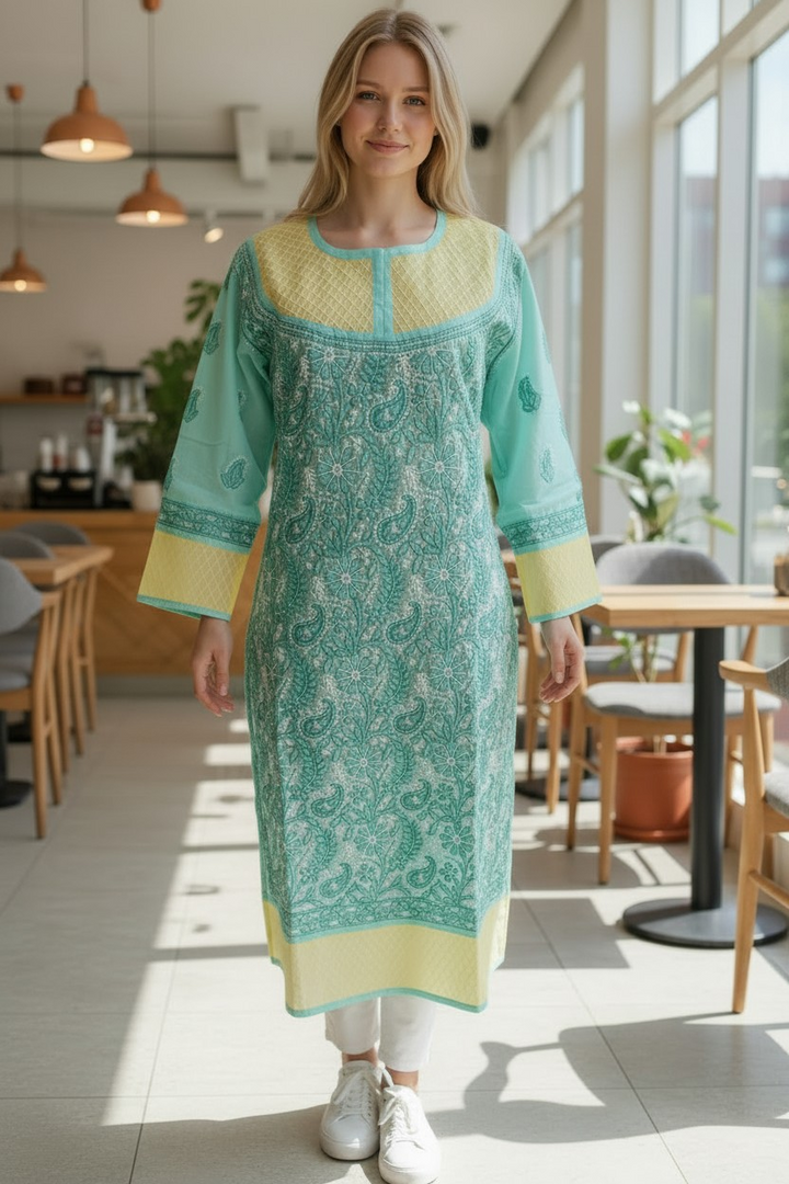 Cotton Chikankari Hand Embroidered Kurti for Women | Premium  | 48 Inch approx Length | Lucknowi Chikan Kurta