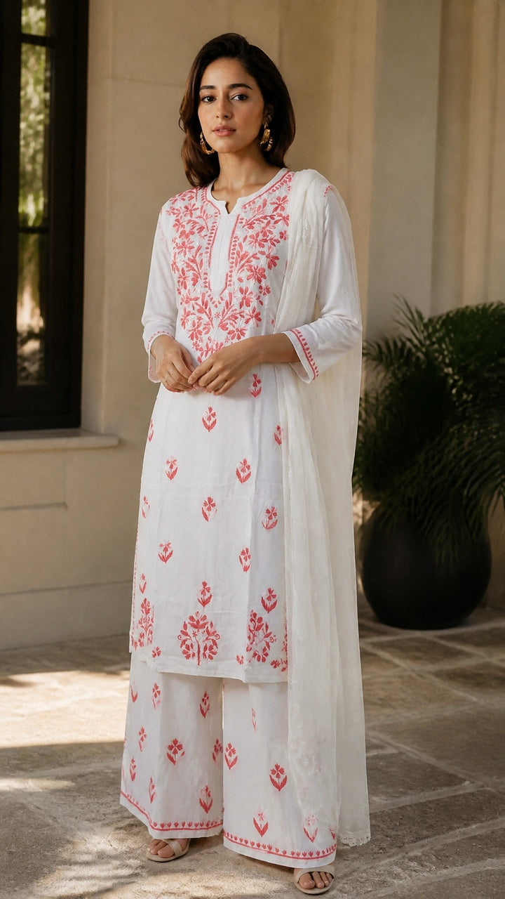 Ananya Rayon Colored Thread Chikankari Kurta Palazzo Dupatta Set | Lucknow Hand Embroidery | Paridhan Chikan