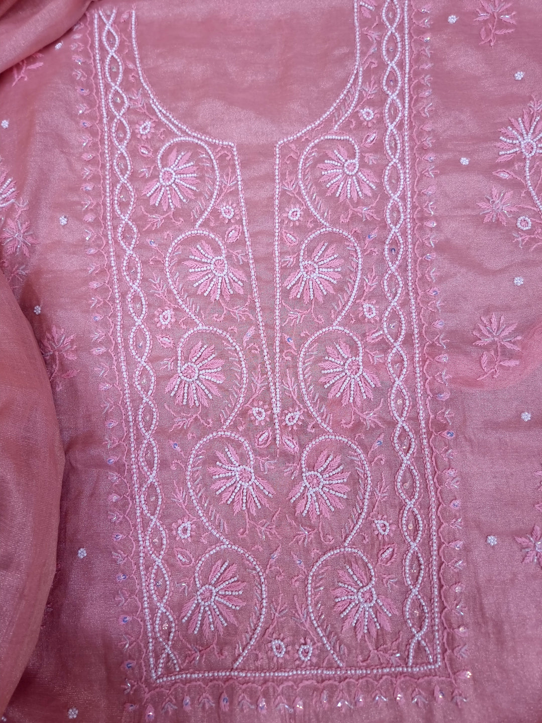 Soft Tissue Chikankari Unstitched Dress Material | 3 Taar Hand Embroidery with Pearl & Cutdana Work + Golden Border Dupatta
