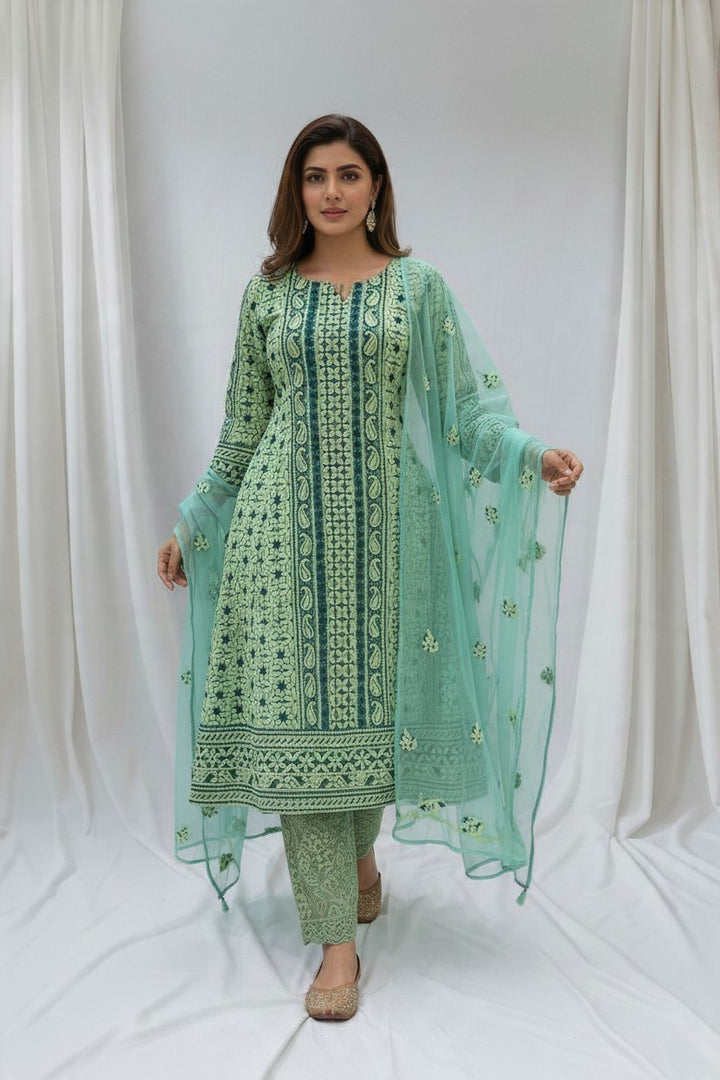 Unstitched Georgette Chikankari Dress Material | Hand Embroidered Kurta, Bottom & Dupatta