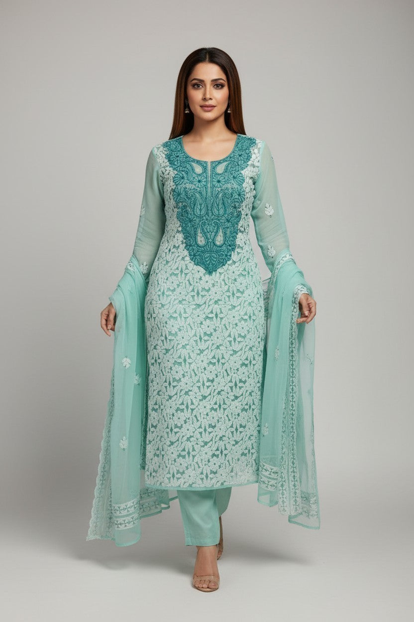 Unstitched Georgette Chikankari Dress Material | Hand Embroidered Kurta, Bottom & Dupatta