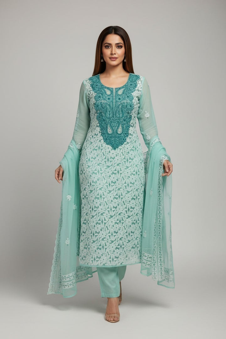 Unstitched Georgette Chikankari Dress Material | Hand Embroidered Kurta, Bottom & Dupatta