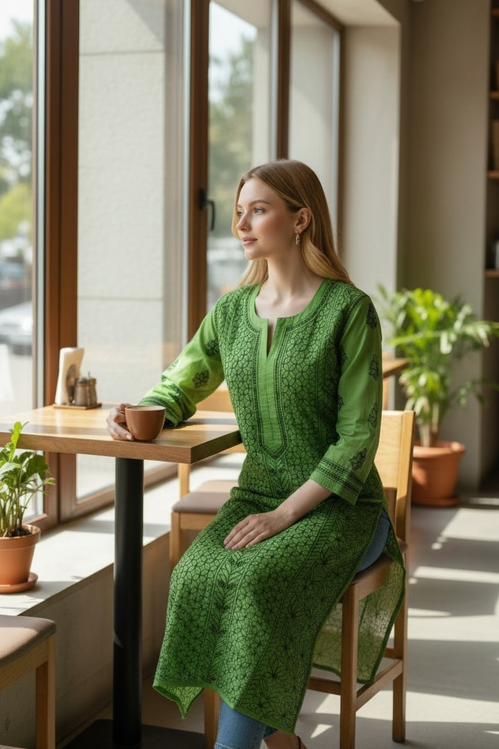 Cotton Chanderi chikankari long kurti