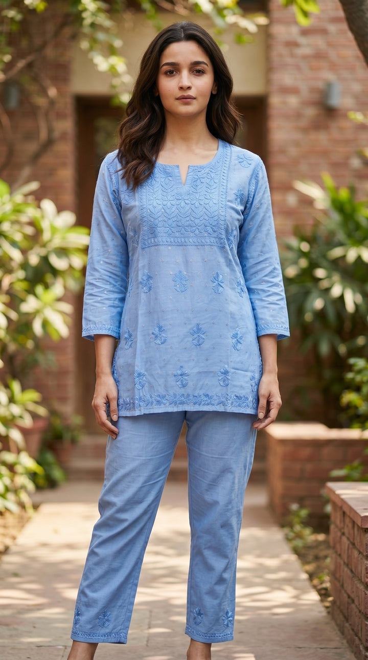 Alia Chikankari Chanderi Golden Zari Buti Short Top for Women | Soft & Non-Transparent | Paridhan Chikan