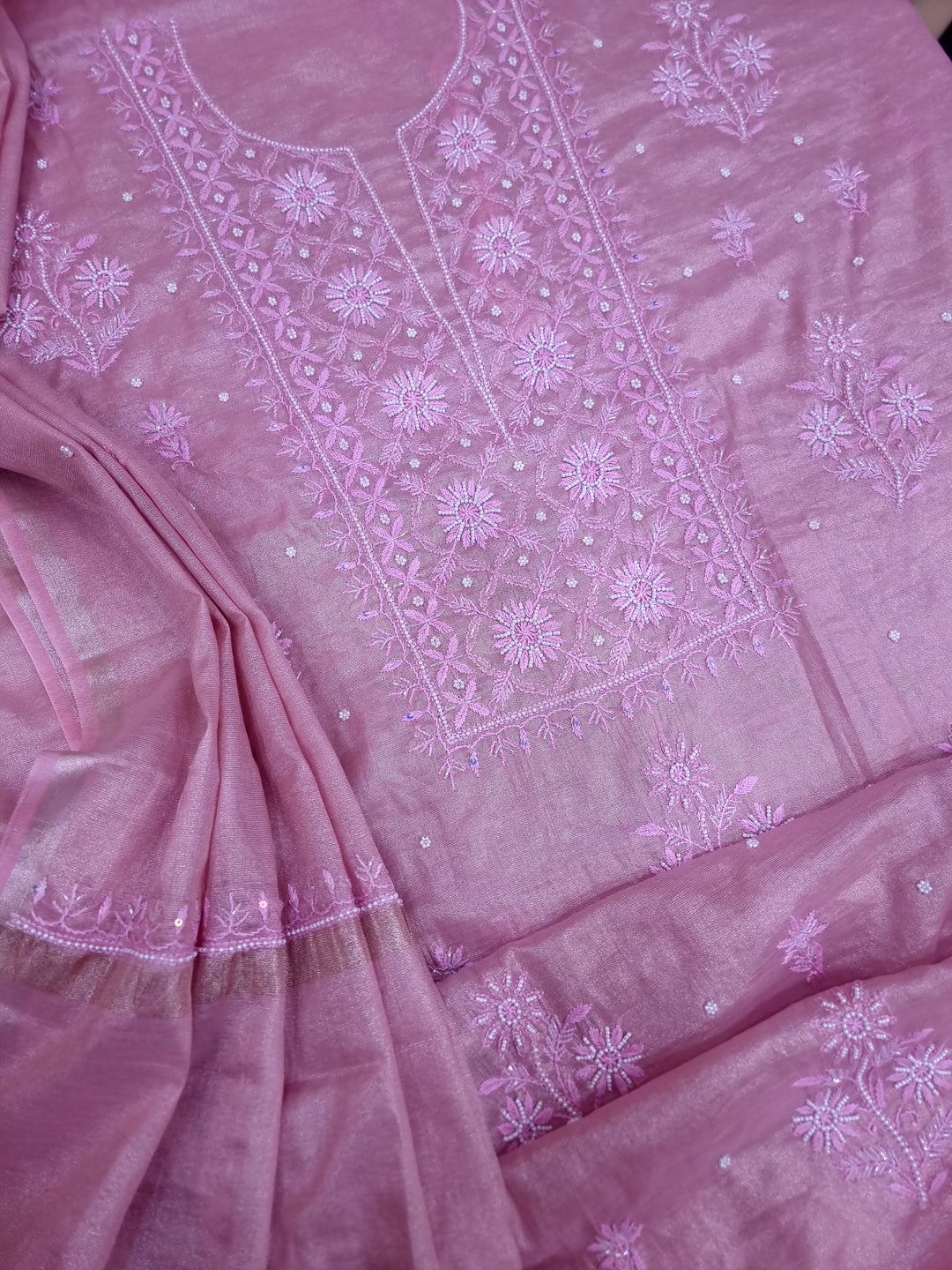 Soft Tissue Chikankari Unstitched Dress Material | 3 Taar Hand Embroidery with Pearl & Cutdana Work + Golden Border Dupatta