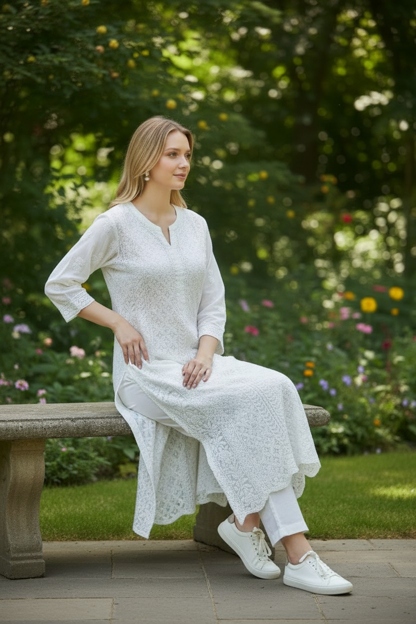 Georgette chikankari long kurti