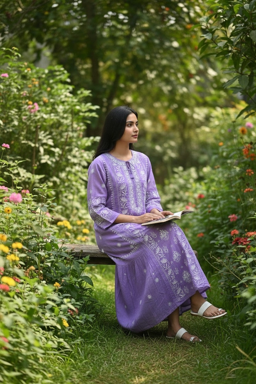 Pure Muslin luxurious long dress with *2 taar chikankari work* Length 50 " approx
