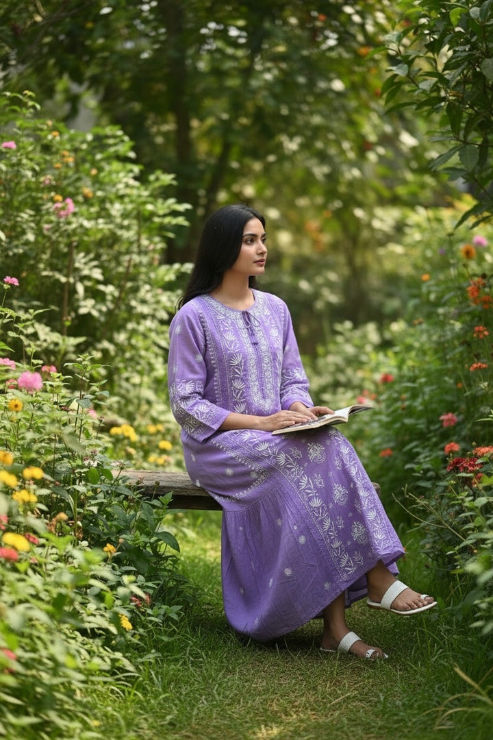 Pure Muslin luxurious long dress with *2 taar chikankari work* Length 50 " approx