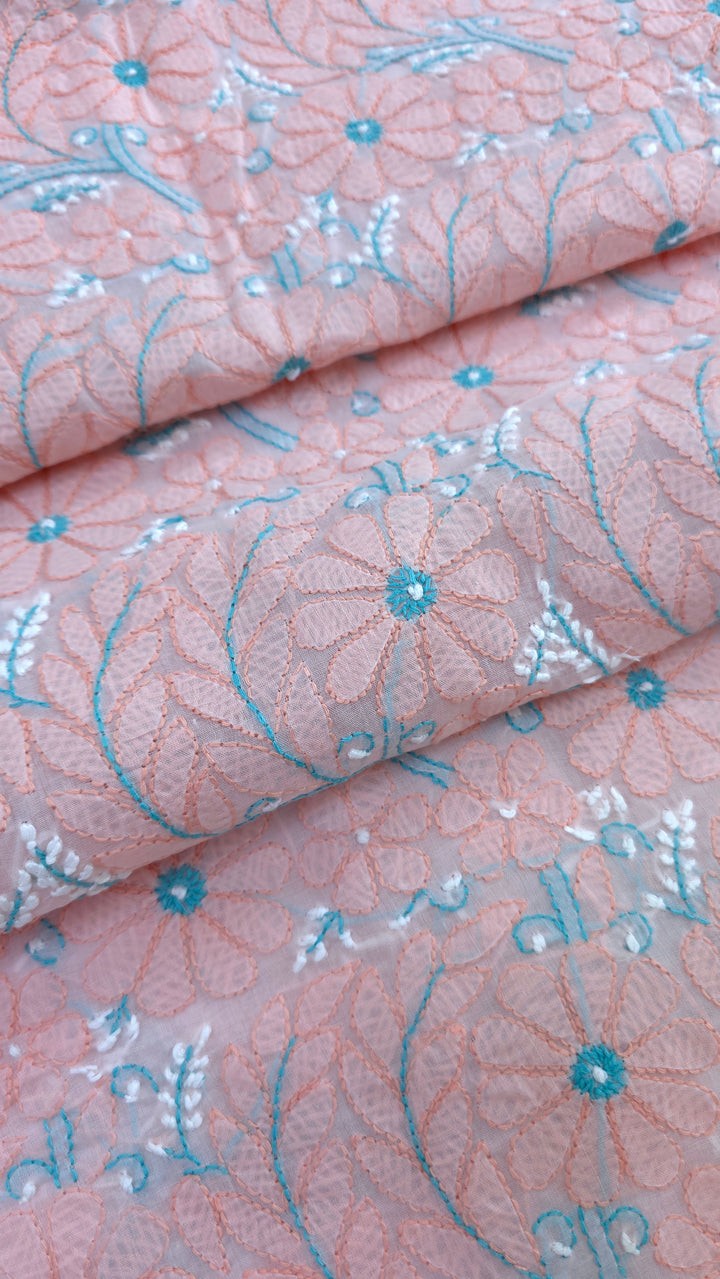 Lucknow Chikankari Hand Embroidered Cotton Dress Material with Tri-Color Motifs & Pure Chiffon Dupatta