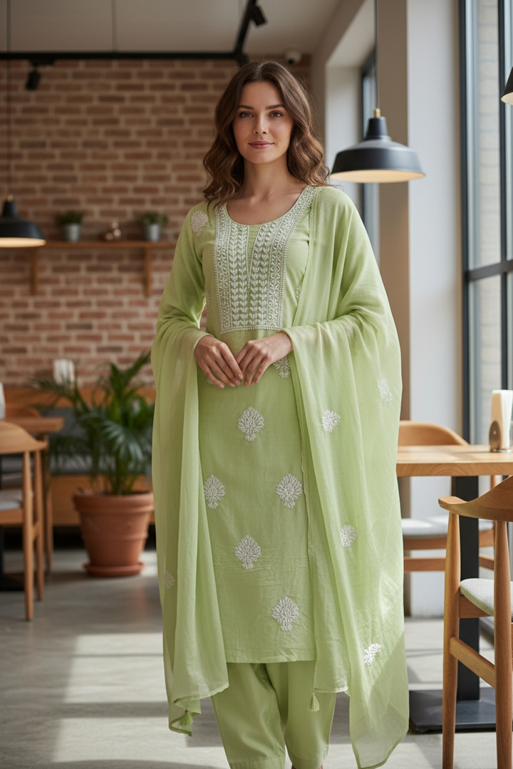 Unstitched Soft Modal Cotton Chikankari Suit Set with Pure Chiffon Dupatta
