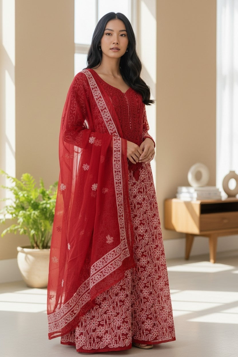 Unstitched Georgette Chikankari Dress Material | Hand Embroidered Kurta, Bottom & Dupatta