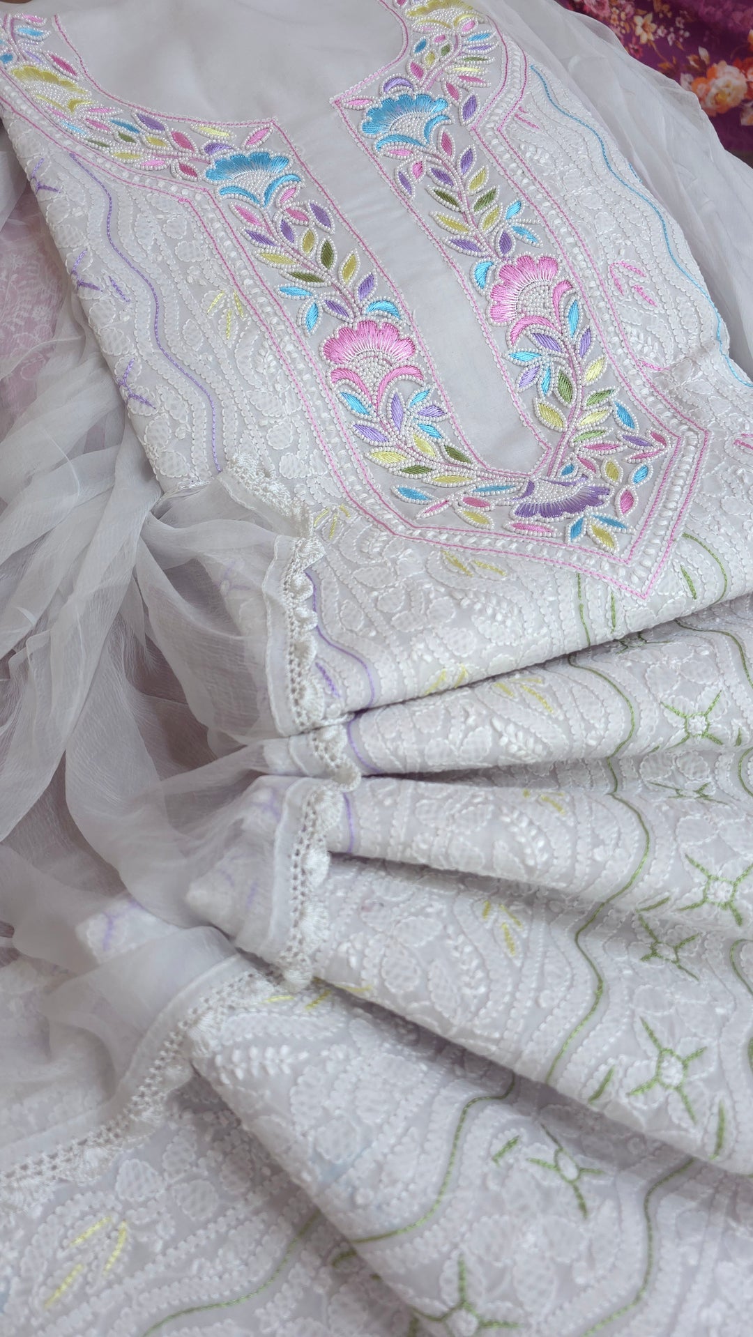 Nafasat Cotton Resham Neckline chikankari dress material
