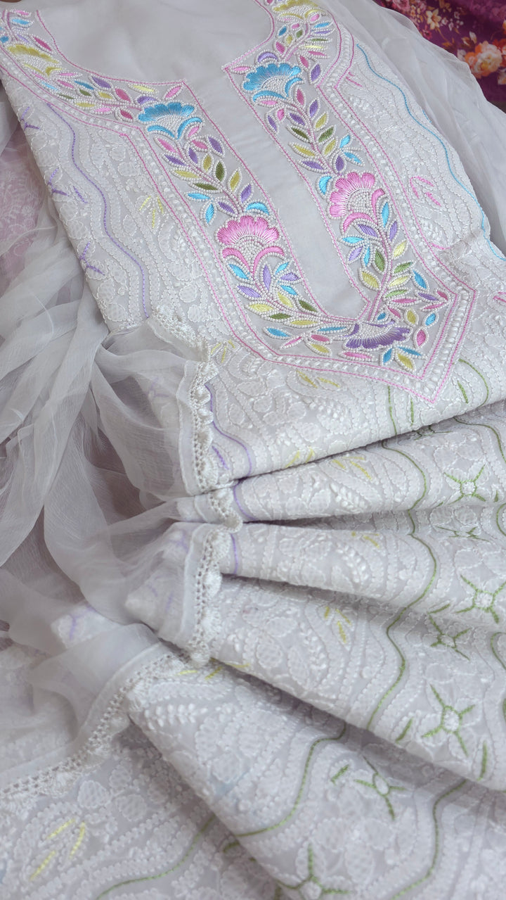 Nafasat Cotton Resham Neckline chikankari dress material