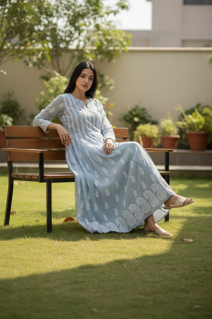 Georgette Lucknowi Chikankari 50" Long Anarkali Kurti | 100% Hand Embroidered| No Shrinkage